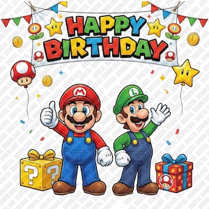 May include: A colorful digital illustration featuring Mario and Luigi from the Super Mario Bros. franchise. The image includes a banner that reads "Happy Birthday," along with stars, coins, and gift boxes. Mario gives a thumbs up, while Luigi waves.