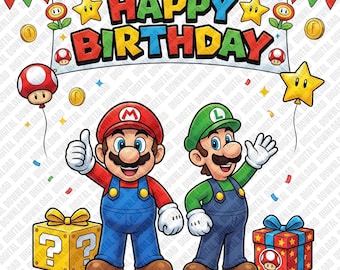 PNG de cumpleaños de Super Mario, PNG de fiesta de cumpleaños de Mario y Luigi, diseño de sublimación para camiseta de cumpleaños de gamer