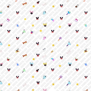 May include: A repeating pattern of cartoon character icons, including Mickey Mouse heads, bows, bones, stars, and wands, in red, black, yellow, and blue on a white background. The design is suitable for various craft projects.