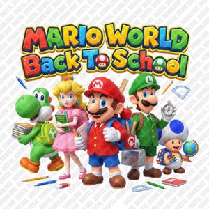Könnte beinhalten: Eine digitale Grafik mit dem Text MARIO WORLD Back To School und den Charakteren Yoshi, Prinzessin Peach, Mario, Luigi und Toad. Die Figuren sind für die Schule gekleidet mit Rucksäcken, Büchern, einer Brotdose und Schulmaterialien.