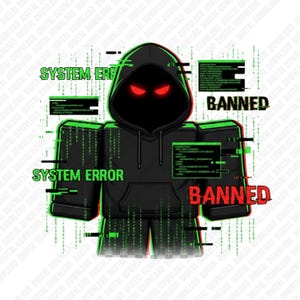 Könnte beinhalten: Digitalillustration einer Figur mit Kapuze und roten Augen. Die Wörter "SYSTEM ERROR" und "BANNED" erscheinen in Grün und Rot mit einem Glitch-Effekt, was ein Technik- oder Gaming-Thema suggeriert.