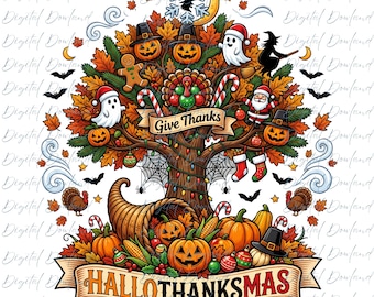 May include: A digital illustration of a tree decorated with Halloween, Thanksgiving, and Christmas elements including pumpkins, ghosts, a turkey, Santa Claus, candy canes, and stockings. A banner at the bottom reads HALLOTHANKSMAS.