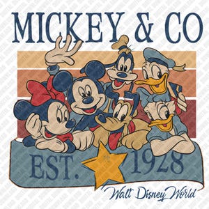 May include: A vintage-style graphic featuring Mickey Mouse, Minnie Mouse, Goofy, Pluto, Donald Duck, and Daisy Duck. The design includes the text "MICKEY & CO" and "EST. 1928" with a gold star and "Walt Disney World" at the bottom. The characters are in their classic outfits.