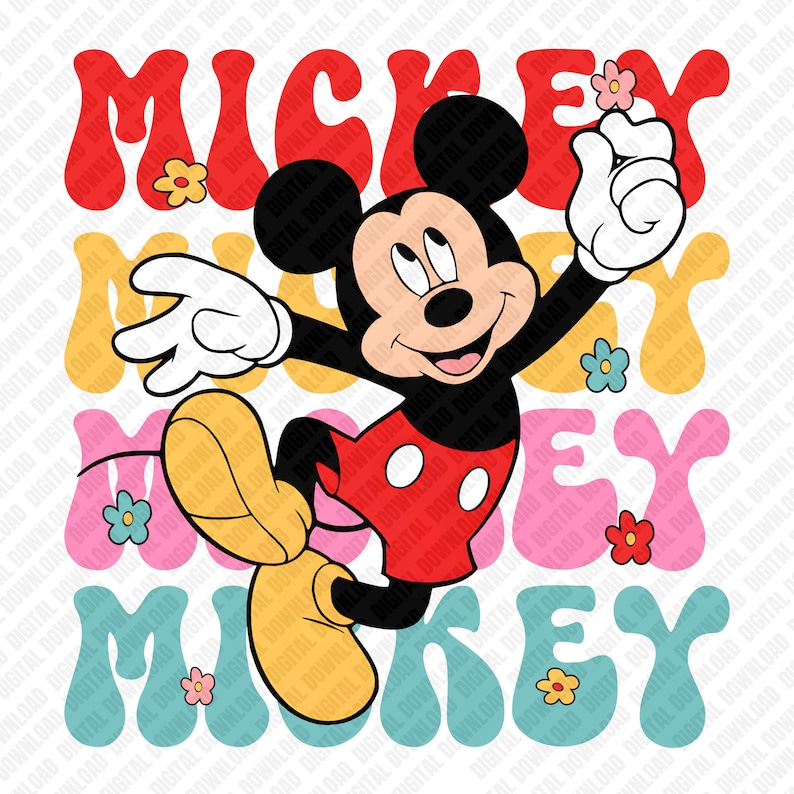K&ouml;nnte beinhalten: Ein farbenfrohes Grafikdesign mit Mickey Mouse im Retro-Stil. Das Bild enth&auml;lt das Wort "MICKEY" in roten, gelben, rosa und blauen Buchstaben mit Bl&uuml;mchen. Mickey befindet sich in einer dynamischen Pose.
