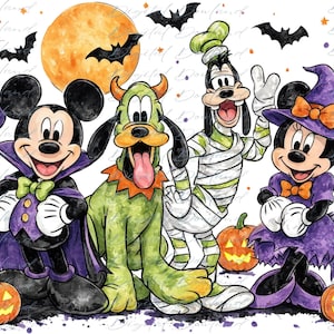 May include: A watercolor-style illustration featuring Disney characters in Halloween costumes: Daisy Duck as a witch, Mickey Mouse as a vampire, Pluto with horns, Goofy as a mummy, Minnie Mouse as a witch, and Donald Duck as a devil, with pumpkins and bats.