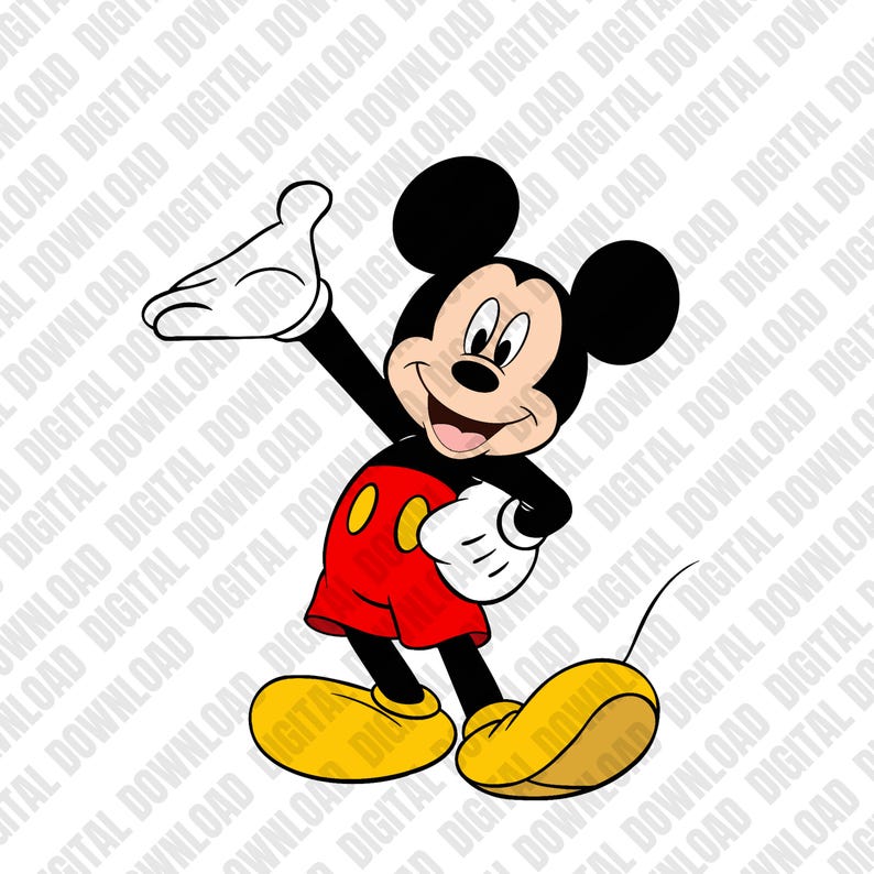 Op de afbeelding: Een cartoon illustratie van Mickey Mouse in een verwelkomende pose. Mickey draagt een rode korte broek met gele knopen, gele schoenen, witte handschoenen en heeft zwarte oren. Zijn gezicht lacht met een zwarte neus en een rode tong.