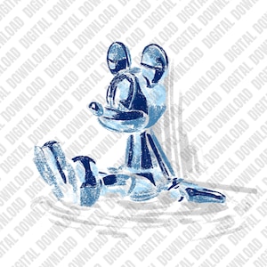 May include: A blue and white illustration of a seated cartoon mouse with large ears, a round nose, and a relaxed posture. The artwork has a sketched appearance, with visible brushstrokes and shading, creating a whimsical feel.