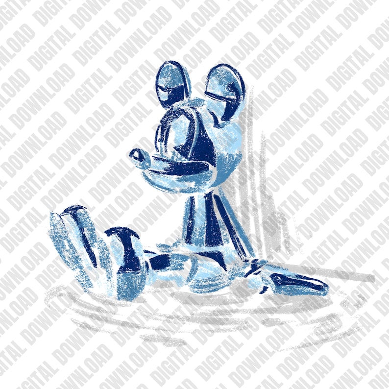 May include: A blue and white illustration of a seated cartoon mouse with large ears, a round nose, and a relaxed posture. The artwork has a sketched appearance, with visible brushstrokes and shading, creating a whimsical feel.