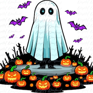 May include: A cartoon illustration featuring a central white ghost with large blue eyes standing amidst a patch of glowing orange jack-o'-lanterns. Several purple bats fly in the air above the ghost, set against a dark, silhouetted forest background.