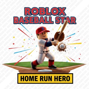 May include: A digital illustration of a Roblox baseball player in a red cap and uniform, swinging a bat. The image includes the text "ROBLOX BASEBALL STAR" and "HOME RUN HERO" on a baseball field background.