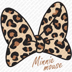 May include: A leopard print bow with black and brown spots, and the words "Minnie mouse" in a cursive font. The bow is a digital design, perfect for crafting projects or themed merchandise.