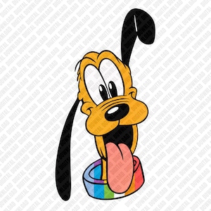 May include: A cartoon illustration of a yellow dog with long black ears, large white eyes, and a black nose, shown with its tongue hanging out while emerging from a colorful, rainbow-striped circular base against a white background.