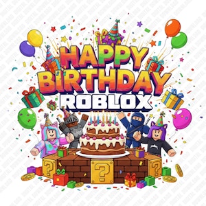 May include: A colorful digital illustration with the text "HAPPY BIRTHDAY ROBLOX". The image features a birthday cake, balloons, presents, confetti, and cartoon characters. The overall theme is a birthday celebration.