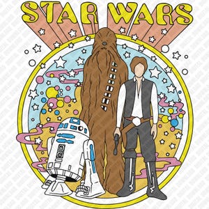 May include: A colorful Star Wars graphic featuring Chewbacca, Han Solo, and R2-D2. The characters are set against a backdrop of stars and swirling colors, with the words "STAR WARS" in a retro font.