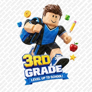 Könnte beinhalten: Eine blockartige Spielfigur in blau-schwarzem T-Shirt und Shorts mit blauem Rucksack rennt über dem gelb-blauen Text 3RD GRADE LEVEL UP TO SCHOOL! Schwebende Symbole zeigen eine gelbe Münze, einen grünen Würfel, einen gelben Stift, einen roten Apfel und einen Stern.