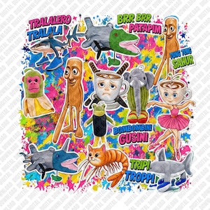 May include: A digital illustration featuring various cartoon characters including sharks, a monkey in a banana suit, a wooden figure, a sad coffee cup, an elephant, a shrimp-cat hybrid, and a ballerina, set against a vibrant, multicolored paint splatter background with text including TRALALERO TRALALA, BRR BRR PATAPIM, TUNG TUNG SAHUR, BOMBOMBINI GUSINI, and TRIPI TROPPI.