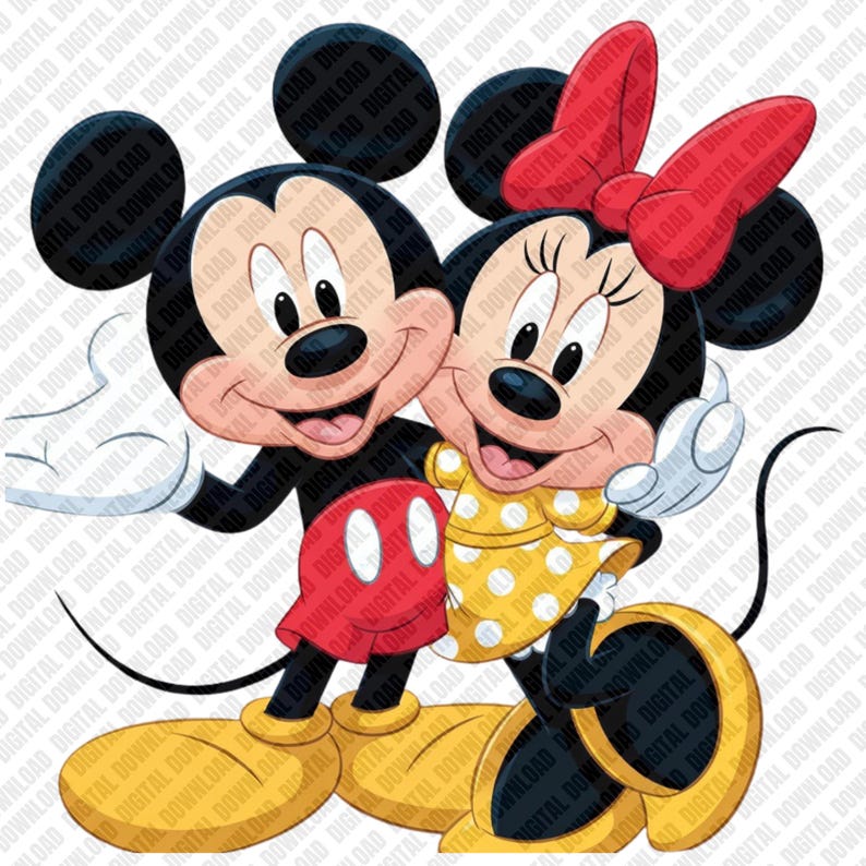 Op de afbeelding: Een digitale illustratie van Mickey Mouse en Minnie Mouse die samen staan. Mickey draagt een rode broek en gele schoenen. Minnie draagt een gele jurk met witte stippen, een grote rode strik met witte stippen en gele schoenen. Beide figuren glimlachen.