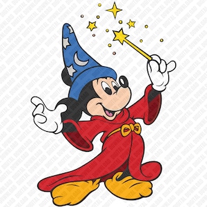 Könnte beinhalten: Cartoon-Illustration von Mickey Mouse als Zauberer. Er trägt einen blauen Hut mit weißen Sternen und eine rote Robe. Mickey hält einen gelben Zauberstab und beschwört gelbe Sterne und Glitzer.