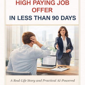 Peut inclure: Couverture de livre avec le texte : « DE PERTE D'EMPLOI À UNE OFFRE D'EMPLOI BIEN REMUNEREE EN MOINS DE 90 JOURS ». Une femme tend la main vers un homme. Le texte en bas se lit : « Une histoire vraie et un plan d'action pratique basé sur l'IA pour reconstruire votre carrière rapidement » par Victor Saleh.