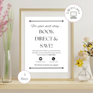 Puede incluir: Una impresión enmarcada con el texto "BOOK DIRECT & SAVE!" en blanco y negro. La impresión está en un marco dorado y está rodeada de jarrones con flores. El texto incluye información de contacto.
