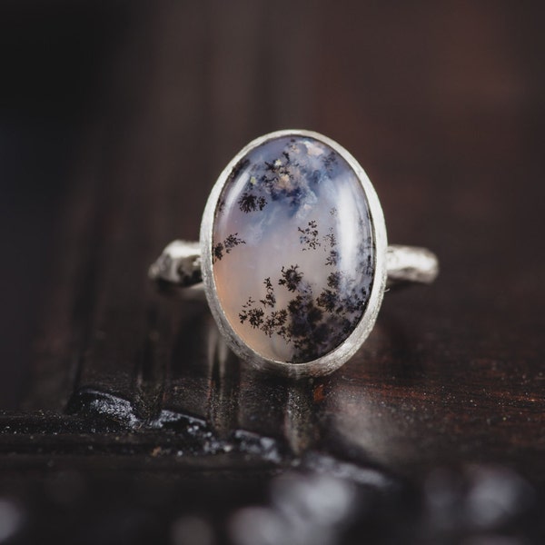 Dendritic Agate Ring-Sterling Silver Dendritic Ring-Twig Ring-Dendritic Agate Twig Ring-Dendritic Jewelry-Woodland Jewellery