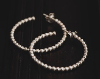 Sterling Silver Hoop Earrings-Silver Hoops-Silver Beaded Hoop Earrings-Geometric Jewellery-Boho Earrings