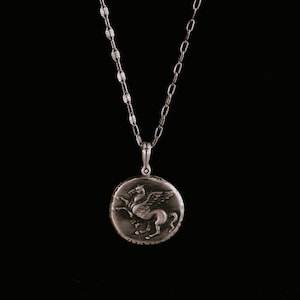 Goddess Athena and Pegasus Pendant-Sterling Silver Athena Coin Pendant -Ancient Greek Replica Coin Necklace- Oxidised Vintage Pendant