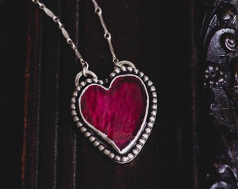 Ruby Heart Necklace-Sterling Silver Heart Necklace-Ruby Pendant-Vintage Inspired Heart Necklace-Gothic jewellery