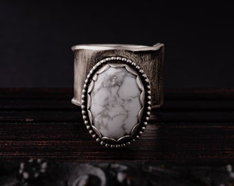 Howlite Sterling Silver Ring-Sterling Silver White Turquoise Magnesite Wide Ring-Vintage Inspired Ring-Marble like Rings-Dark Romantic Rings