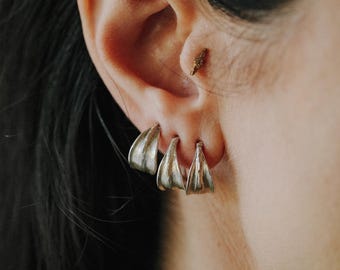 Sterling Silver Leaf Huggie Earrings, Small Organic Hoop Studs, Minimalist Silver Ear Stack Jewelry
