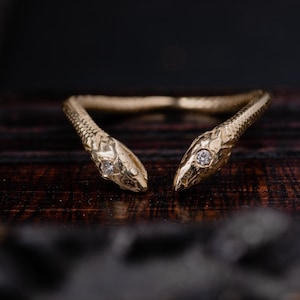 14k Gold Double Snake Ring with Diamonds-Gold V Snake Ring-Ancient Greek Inspired Jewellery-Alternative Engagement Ring-Unisex V Rings