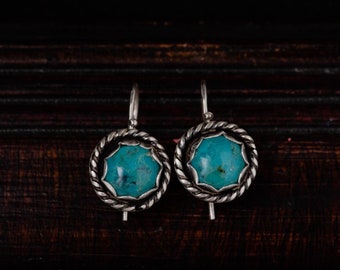 Blue Turquoise Earrings- Turquoise Sterling Silver Drop Earrings -Vintage Inspired Earrings-Bohemian Style Drop Earrings