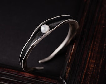 Pearl Sterling Silver Bangle Bracelet-Hand Sculpted Folded Rough White Fresh Water Pearl Bracelet-Unique Sterling Silver Jewelry