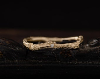 Anillo de ramita de diamantes de oro de 14K-Anillo de ramita de oro sólido-Anillo de ramita de diamantes-Anillos de boda alternativos-Anillo rústico de oro-Anillo de bosque de oro-Apilable