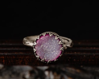 Pink Druzy Agate Ring-Crown Druzy Sterling Silver Ring-Vintage Inspired Druzy Ring-Pink Druzy Jewelry-Pink Agate Rings-Romantic Jewelry