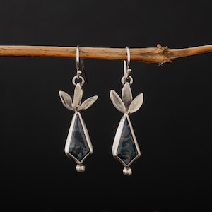 Moss Agate Sterling Silver Leaf Earrings-Moss Agate Studs- Vintage Inspired Moss Earrings-Moss Agate Jewellery-Botanical Leaf Earrings