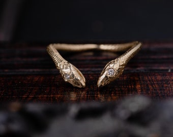 14k Gold Double Snake Ring with Diamonds-Gold V Snake Ring-Ancient Greek Inspired Jewellery-Alternative Engagement Ring-Unisex V Rings