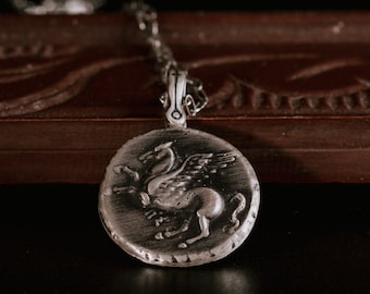 Goddess Athena and Pegasus Pendant-Sterling Silver Athena Coin Pendant -Ancient Greek Replica Coin Necklace- Oxidised Vintage Pendant
