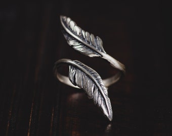 Sterling Silver Feather Ring-Index Finger Ring-Feather Wrap Ring-Bohemian Ring-Adjustable Double Feather Ring-Gypsy Rings-Bohemian Jewellery