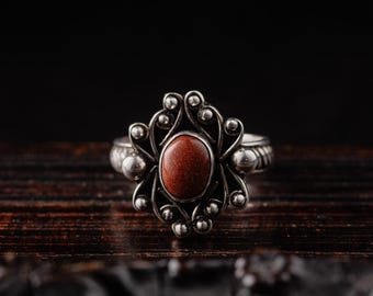 Vintage Sterling Silver Goldstone Ring-Orange Gemstone Ring-Antiqued Goldstone Ring-Boho Rings-Ethnic Style Rings