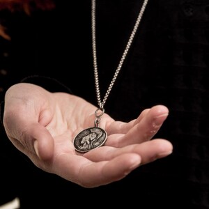 May include: A silver chain necklace with a round pendant featuring a detailed design of a creature. The pendant is held in a person's open hand.