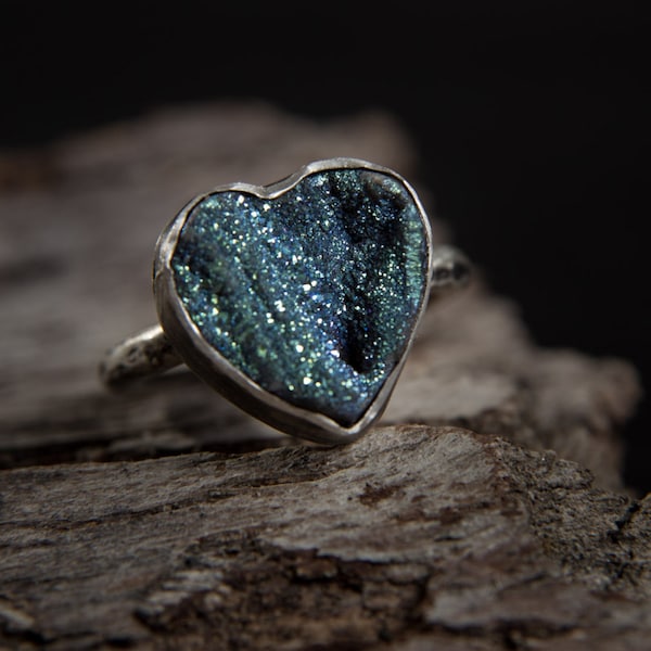 RESERVED for Yang-Sterling Silver Blue Drusy/Druzy Chalcedony Ring-Chalcedony Druzy Heart Ring-Rough Stone Rings