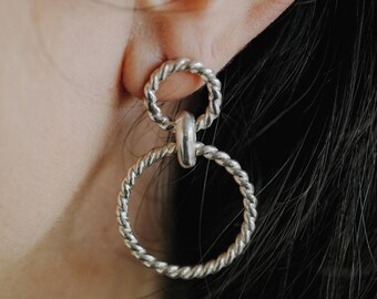 Double Hoop Earrings in Sterling Silver, Twisted Silver Dangle Earrings, Rope Earrings-Modern Jewelry