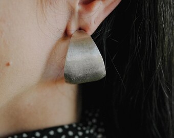 Chunky Sterling Silver Hoop Earrings, Sculptural Statement Hoops, Wide Brushed Silver Earrings-Statement Earrings