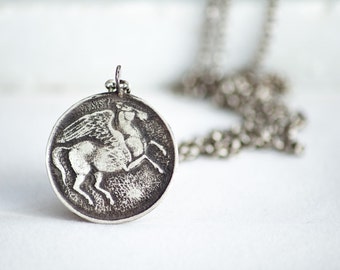 Sterling Silver Pegasus Necklace-Pegasus Pendant-Horse Jewellery-Ancient Greek Coin Pendant