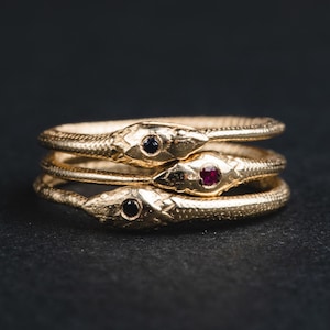 14k Solid Gold Ouroboros Snake Ring with Ruby, Sapphire or Black Diamond-ONE (1) Dainty Gold Snake Ring-Gold Delicate Ouroboros-Stack Ring