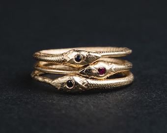 14k Solid Gold Ouroboros Snake Ring with Ruby, Sapphire or Black Diamond-ONE (1) Dainty Gold Snake Ring-Gold Delicate Ouroboros-Stack Ring