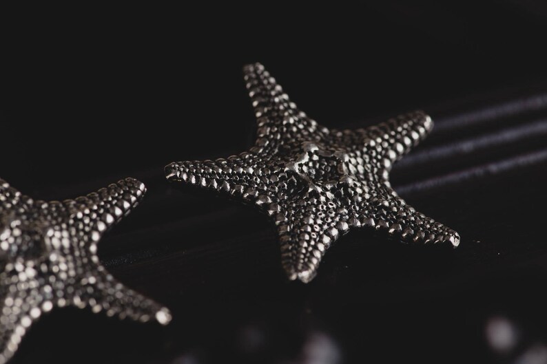 May include: Two silver starfish ornaments with a textured surface. The starfish are on a black background.