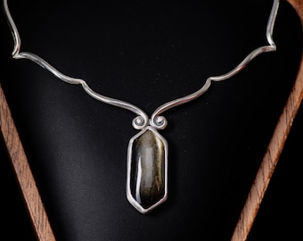 Black Obsidian Necklace,Sterling Silver Collar Necklace, Sculptural Art Nouveau Inspired Jewelry-Gold Sheen Black Obsidian Statement Pendant