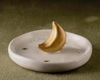 Gold Moon Ring Dish-Handcrafted Crescent Moon Jewelry Dish-Moon Jewelry Dishes-Lunar Ring Dish-Handmade Celestial Trinket Dish